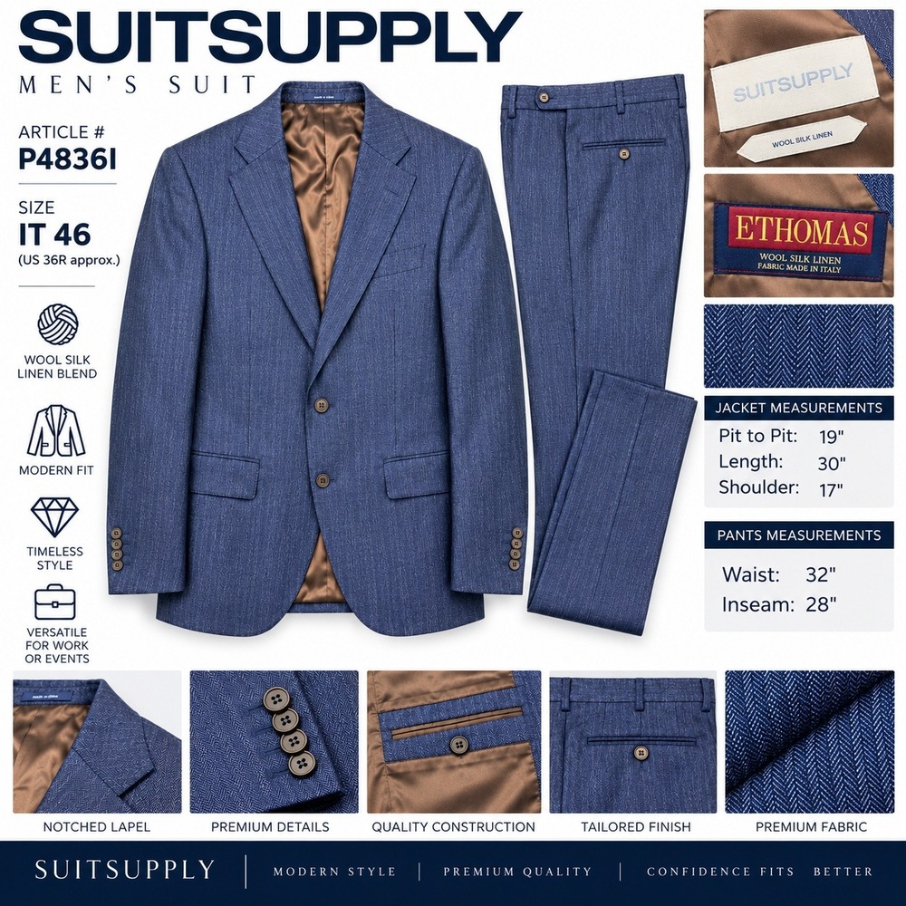 Suitsupply Lazio Suit Blue E. Thomas Wool Silk Linen Herringbone IT 46 P4836I